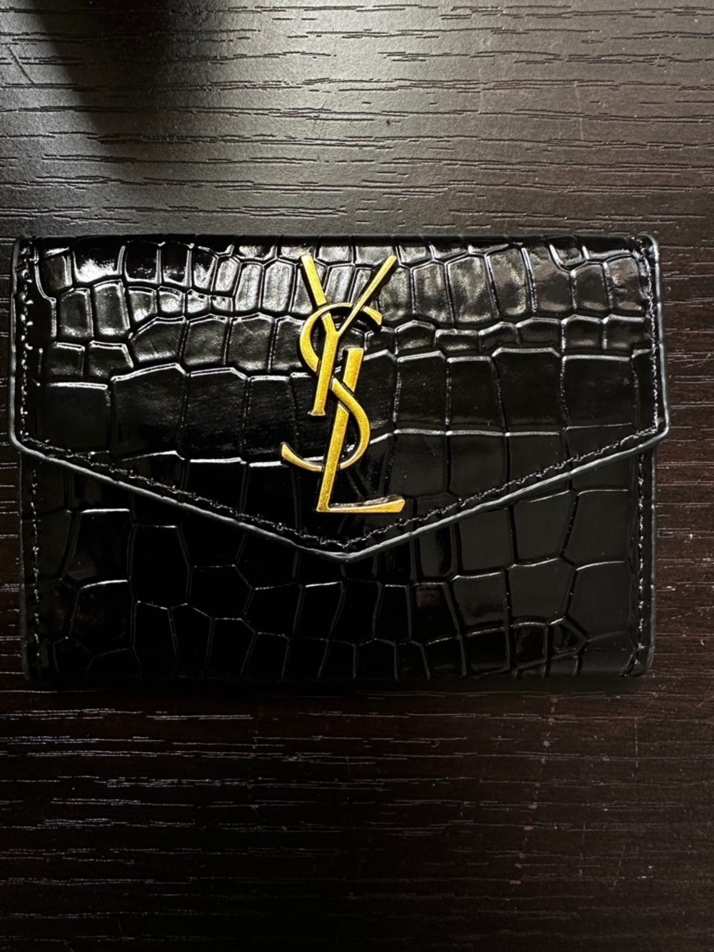Saint Laurent Black Croc-Embossed Patent Wallet with Gold YSL Emblem